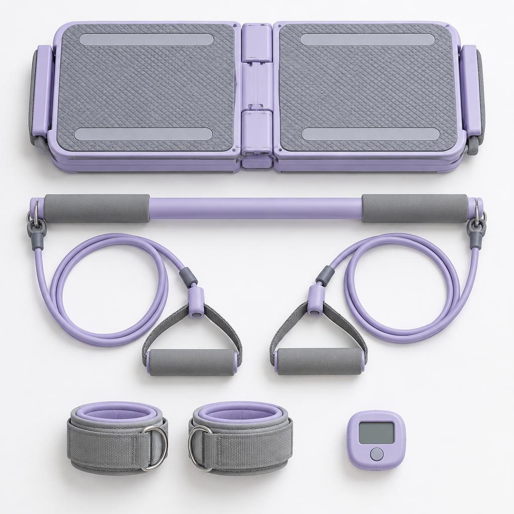 Everything included with the Corevale Aura Pro: platform, resistance bar, bands, handles, ankle straps and digital counter